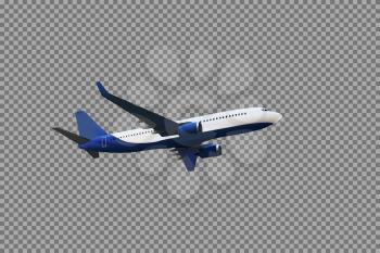 Realistic 3D model of an airplane flying in the air of white and blue coloring on a transparent background. Vector Illustration. EPS10