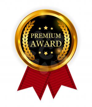 Premium Award Gold Medal with Red Ribbon. Icon Sign Isolated on White Background. Vector Illustration EPS10