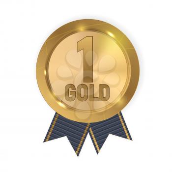 Champion Gold Medal with Blue Ribbon. Icon Sign of First Place Isolated on White Background. Vector Illustration EPS10