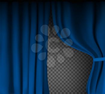Realistic colorful blue velvet curtain folded on a transparent background. Option curtain at home in the cinema. Vector Illustration. EPS10