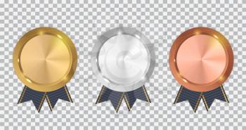 Champion Gold, Silver and Bronze Medal with Blue Ribbon. Icon Sign of First, Second  and Third Place Isolated on Transparent Background. Vector Illustration EPS10