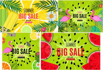 Abstract Summer Sale Background with Palm Leaves and Flamingo Template Collection Set. Vector Illustration EPS10