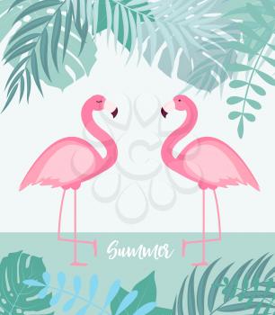Abstract Summer Background with Palm Leaves and Flamingo. Vector Illustration EPS10