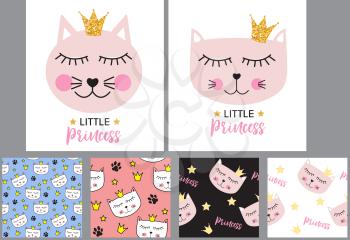 Little Cute Cat Princess Background and Seamless Pattern. Vector illustration EPS10