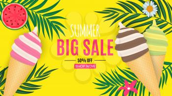 Abstract Summer Sale Background with Palm Leaves and Ice Cream. Vector Illustration EPS10