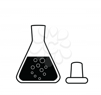 Ungraduated Erlenmeyer flask with a solution, laboratory equipment, 2D illustration, isolated on white, black and white, vector, eps 8