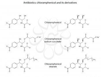 Structural chemical formulas of antibiotic chloramphenicol: chloramphenicol, chloramphenicol sodium succinate, chloramphenicol stearate, 2d illustration, isolated on white background, vector, eps 8
