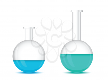 Round bottom chemical flasks - laboratory glassware, isolated on white background; 3d illustration, vector, eps 10