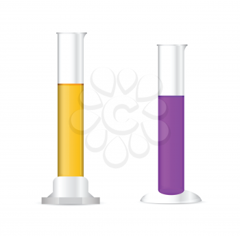Illustration of chemical cylinders with colored solutions on white background - laboratory glassware, isolated on white background; 3d illustration, vector, eps 10