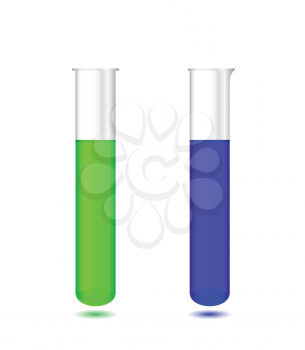Illustration of chemical test tubes with colored solutions on white background - laboratory glassware, isolated on white background; 3d illustration, vector, eps 10