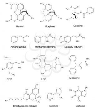 The chemical structural formulas of some drugs (heroin, morphine, cocaine, amphetamine, methamphetamine, ecstasy, dob, lsd, modafinil, tetrahydrocannabinol, nicotine, caffeine), 2d illustration, vecto