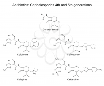 Structural chemical formulas of antibiotics - cephalosporins of fourth and fifth generations (beta-lactam group): cefpirome, cefepime, ceftobiprole, ceftaroline, vector, eps 8, isolated