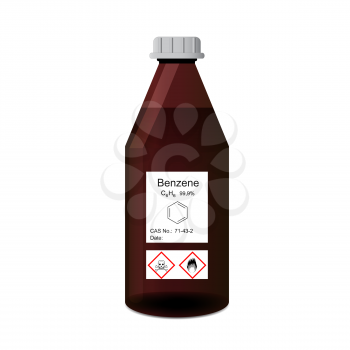Lab bottle with chemical toxic and flammable solvent - benzene reagent, 3d illustration, isolated on white background, vector, eps 10