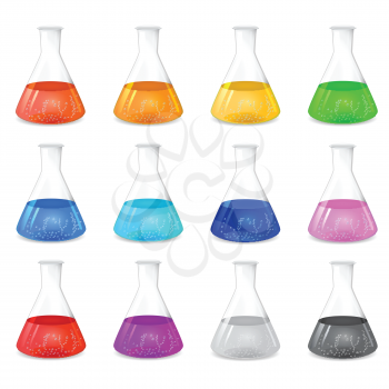Chemical conical flask icon set with different colored solutions, 3d illustration, isolated on white background, vector, eps 10