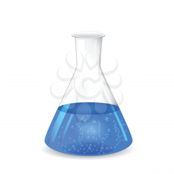 Chemical conical flask with blue solution - lab glassware, 3d illustration, isolated on white background, vector, eps 10