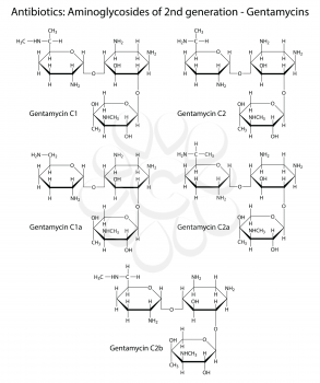 Structural chemical formulas of aminoglycoside antibiotics of second generation - gentamycins, 2d illustration, isolated on white background, skeletal style, vector, eps8
