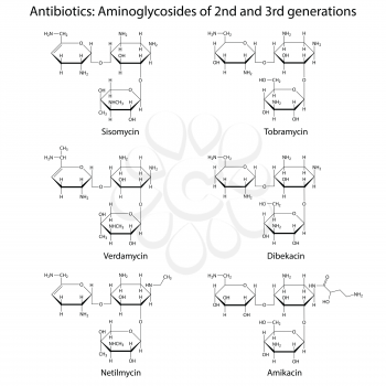 Structural chemical formulas of aminoglycoside antibiotics: sisomycin, tobramycin, netilmycin, dibekacin, verdamycin; amikacin, 2d illustration, isolated on white background, vector, eps8