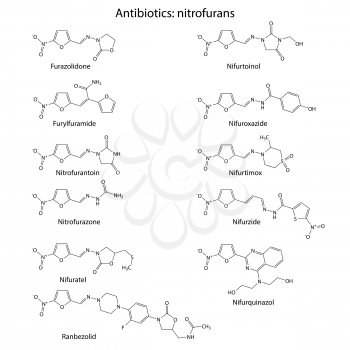 Nitrofurans - chemical structures of antibiotics, skeletal style 2d illustration, vector, eps 8