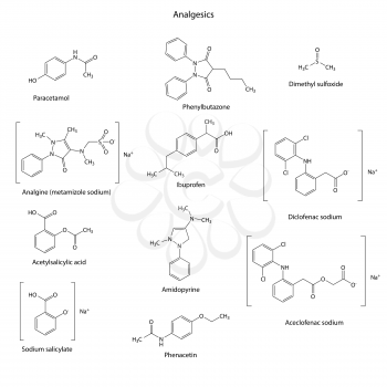 Analgesics drugs chemical set - skeletal structures: paracetamol, analgine, acetylsalicylate, salicylate, phenylbutazone, ibuprofen, amidopyrine, phenacetin, dimethyl sulfoxide, diclofenac, aceclofena