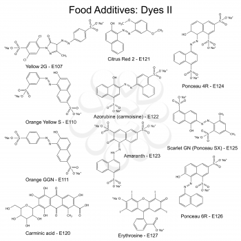 Food dyes - structural chemical formulas of food additives, second set E107-E127, 2d illustration on a white background, vector, eps 8