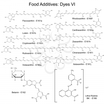Food dyes - structural chemical formulas of food additives, sixth set E161a-160j, E162, E180, 2d illustration on a white background, vector, eps 8