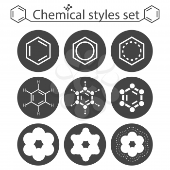 Chemical style icon set on round gray plates, 2d illustration, vector, eps 8