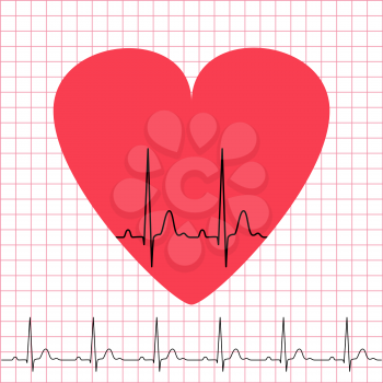 Heart icon with electrocardiogram on grid background, 2d illustration, vector, eps 8