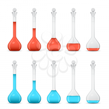 Row of volumetric flasks with volume reduction of color solution on white background, 3d illustration, vector, eps 10