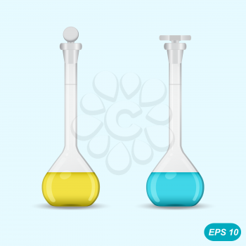 Two chemical volumetric flasks with colored solution and different stoppers on light blue background, 3d illustration, vector, eps 10