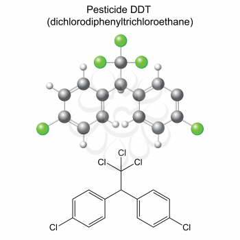 Structural chemical formula and model of DDT pesticide, 2d & 3d illustration, vector, eps8