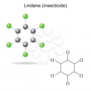 Lindane - model and formula of insecticide, 2d & 3d illustration, vector, eps 8