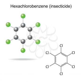 Hexachlorobenzene - model and formula of insecticide, 2d & 3d illustration, vector, eps 8