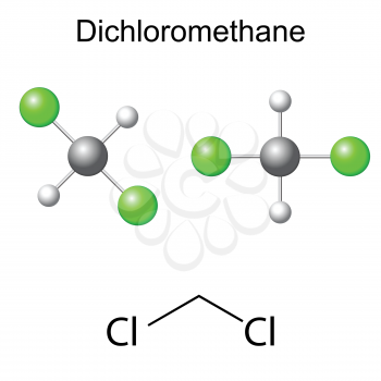 Structural chemical formula and model of dichloromethane molecule, 2d and 3d illustration, isolated, vector, eps 8