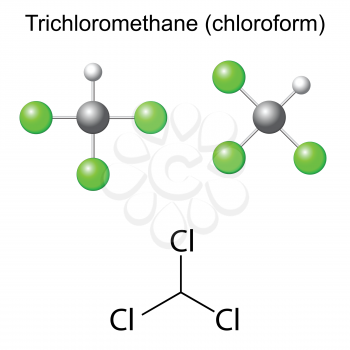 Structural chemical formula and model of trichloromethane - chloroform  molecule, 2d and 3d illustration, isolated, vector, eps 8