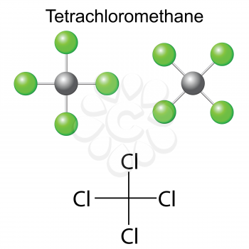 Structural chemical formula and model of carbon tetrachloride - tetrachloromethane molecule, 2d and 3d illustration, isolated, vector, eps 8