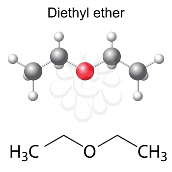 Structural chemical formula and model of diethyl ether molecule, 2d and 3d illustration, isolated, vector, eps 8