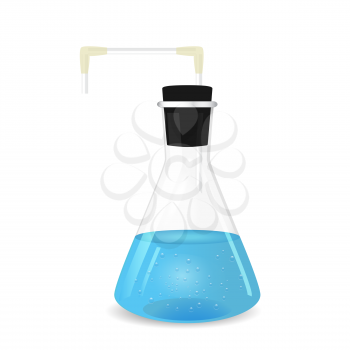 Conical flask with tube and blue solution - lab glassware, 3d illustration, isolated on white background, vector, eps 10