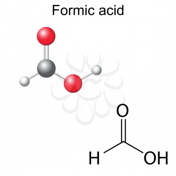 Structural chemical formula and model of formic acid molecule, 2d and 3d illustration, isolated, vector, eps 8