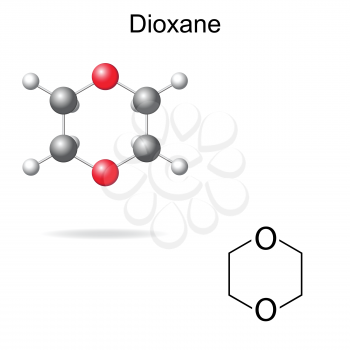 Structural chemical formula and model of dioxane molecule, 2d and 3d illustration, isolated, vector, eps 8