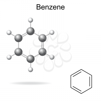 Structural chemical formula and model of benzene molecule, 2d and 3d illustration, isolated, vector, eps 8