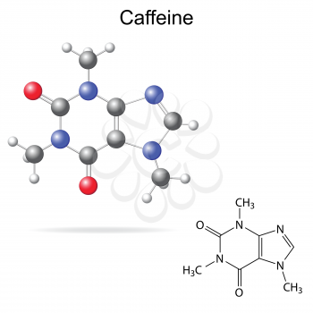 Structural model, chemical formula of caffeine molecule, 2d and 3d isolated vector, eps 8
