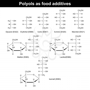 Polyols which are used as food additives - structural chemical formulas, 2d vector, eps 8