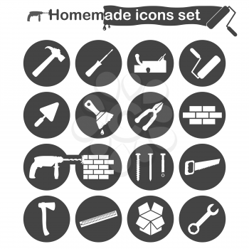 Homemade construction and renovation icons set, 16 icons, 2d vector on round plates, white and gray colors, eps 8