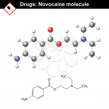 Novocaine molecule - anesthetic agent, structural chemical formula and model, ball and stick style, 2d and 3d vector, eps 8