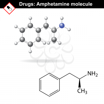 Amphetamine drug molecule, main chemical structural formulas, 2d vector isolated on white background, eps 8