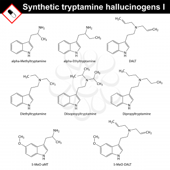 Artificial tryptamine hallucinogens - molecular chemical models, 2d vector, isolated on white background, eps 8