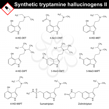 Artificial tryptamine hallucinogens - molecular chemical models, 2d vector, isolated on white background, second set, eps 8