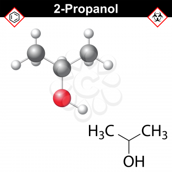 Propanol - structural chemical formula and model of isopropanol, 2d and 3d isolated on white background, vector, eps 8