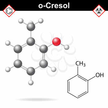 Cresol molecule - structural chemical formula and model of ortho-cresol, 2d and 3d isolated on white background, vector, eps 8