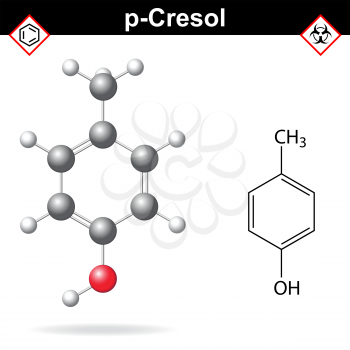 Cresol molecule - structural chemical formula and model of para-cresol, 2d and 3d isolated on white background, vector, eps 8